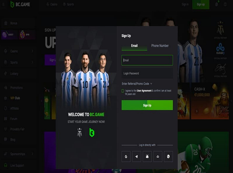 Процедура регистрации в казино BC.Game